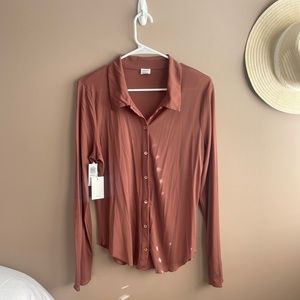 Aritzia Wilfred Pose Longsleeve Ashy Rose Pink Large Blouse Button Down XL